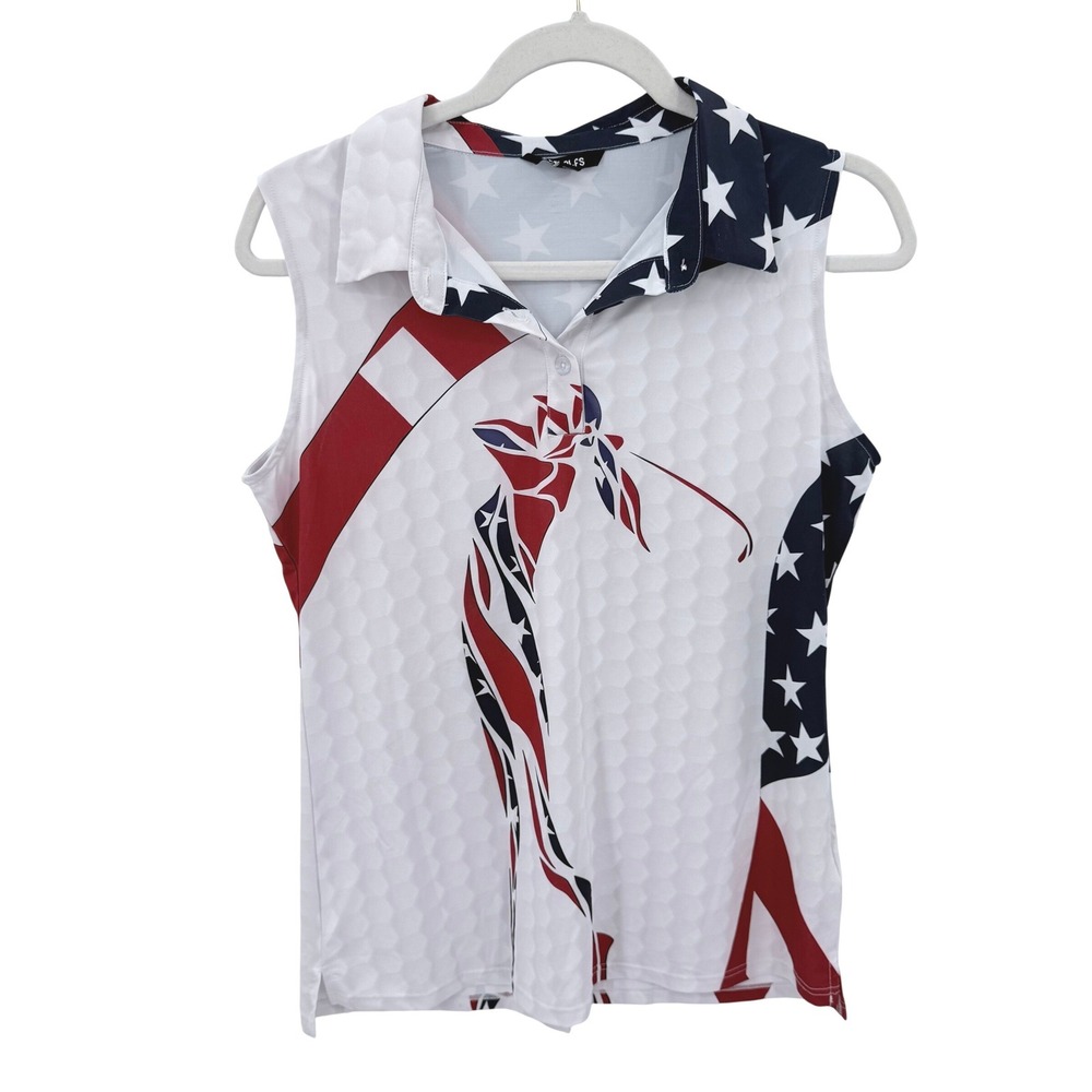 Acegolfs Womens American Flag Sleeveless Golf Polo Shirt Red White Blue Medium